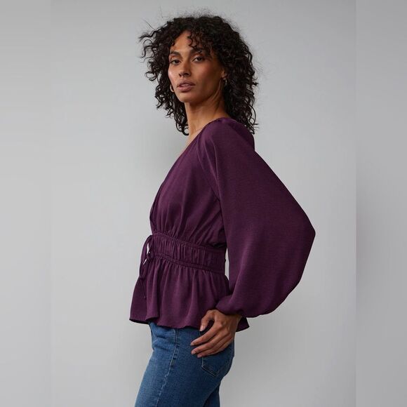 Purple/Magenta Long Sleeve V-Neck Peplum Waist Top w Bubble Sleeves Ruched Waist - Picture 2 of 4